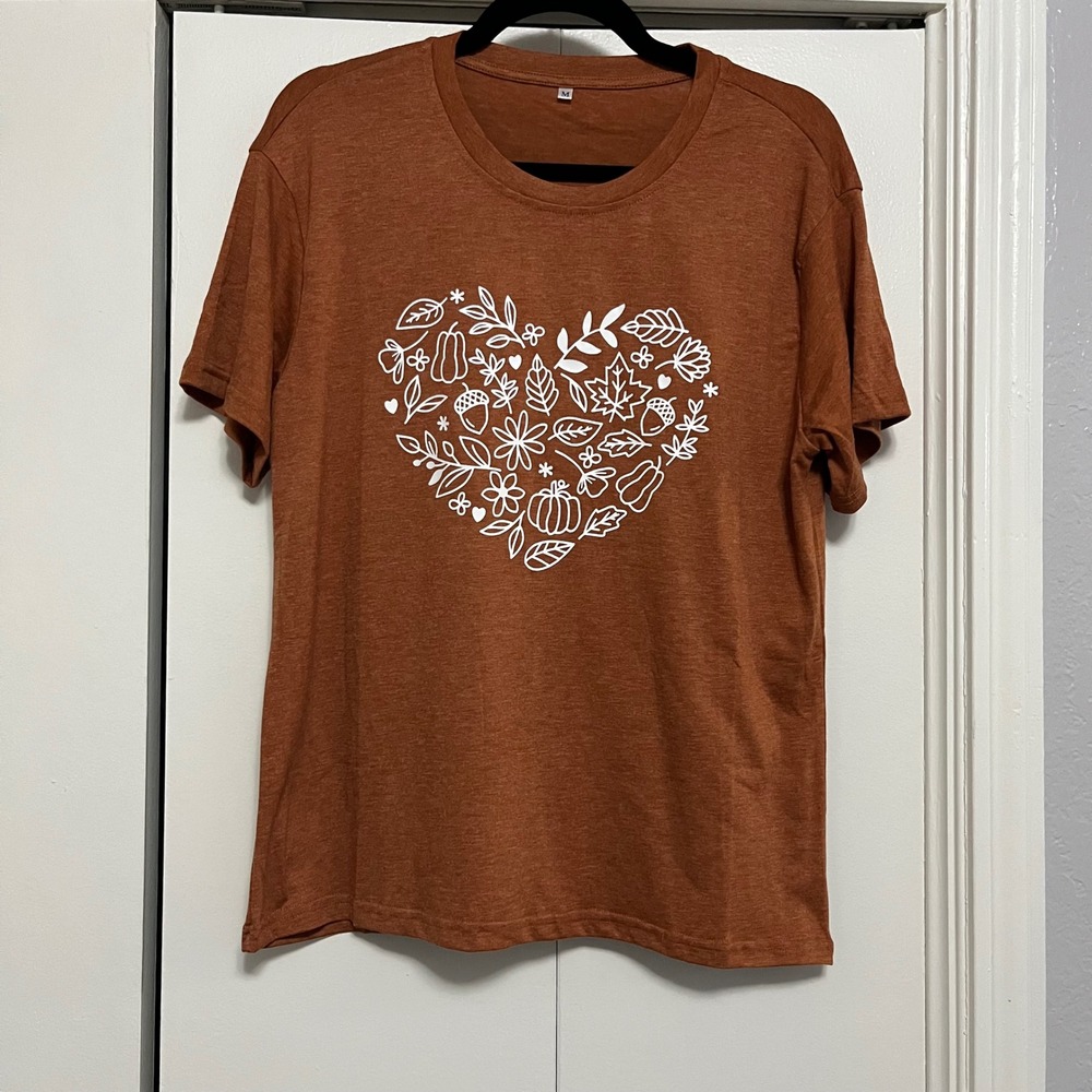 Womens‎ Fall T-Shirt Heart Pumpkin Acorn Graphic Top Brown Medium